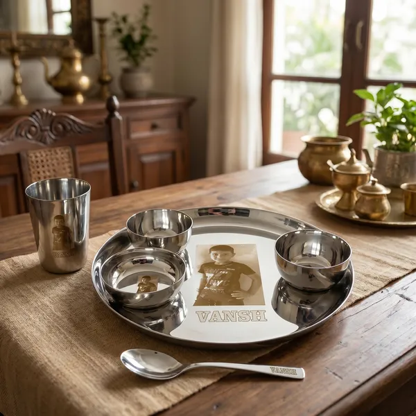 Grey_S_K_Metal_Customised/Custom_Laser_Print_Stainless_Steel_Dinner_Set__3_Bowls_Glass_Spoon_Plate_(12_Inch_Plain;Steel_)