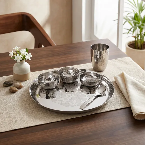 Grey_Laser_Print_Stainless_Steel_Dinner_Set__2_Bowls_Halwa_Plate_Glass_Spoon_Plate_(13_Inch_Hammered_Set)