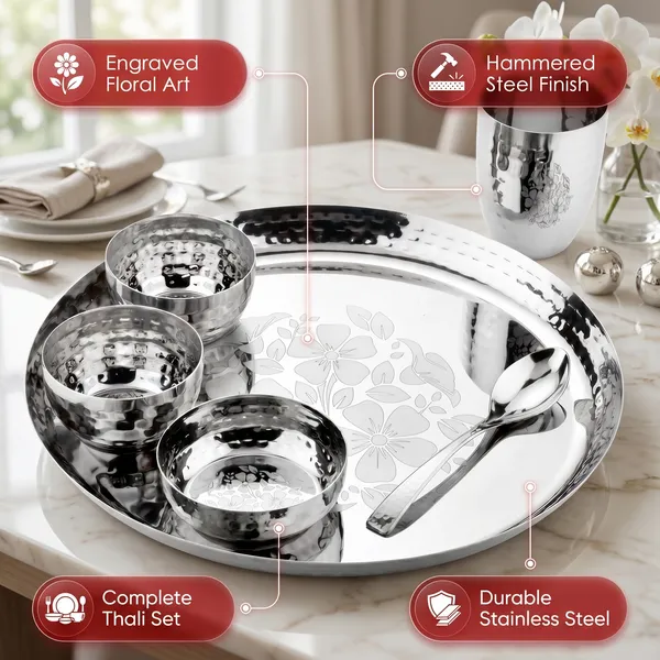 Grey_Laser_Print_Stainless_Steel_Dinner_Set__2_Bowls_Halwa_Plate_Glass_Spoon_Plate_(13_Inch_Hammered_Set)