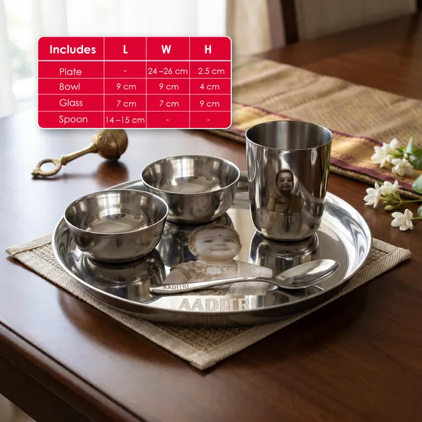 Grey_Customised/Custom_Metal_Laser_Print_Stainless_Steel_Dinner_Set_For_Kids__2_Bowls_Glass_Spoon_Plate_(8_Inch_Plain)__Steel