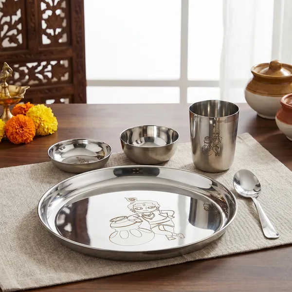 Grey_Stainless_Steel_Dinner_Set__6_Piece_Dinner_Set_Bowl_Sweet_Dish_(Halwa_Plate)_Glass_Spoon_Fork_And_Plate_(Baal_Kishan)