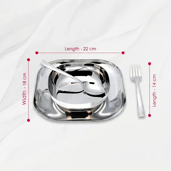Grey_9.5_Inch_Square_Stainless_Steel_Lunch/Dinner_Set__4_Piece_Set_Bowl_Spoon_Fork_And_Plate