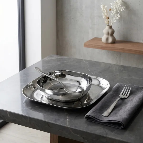 Grey_9.5_Inch_Square_Stainless_Steel_Lunch/Dinner_Set__4_Piece_Set_Bowl_Spoon_Fork_And_Plate
