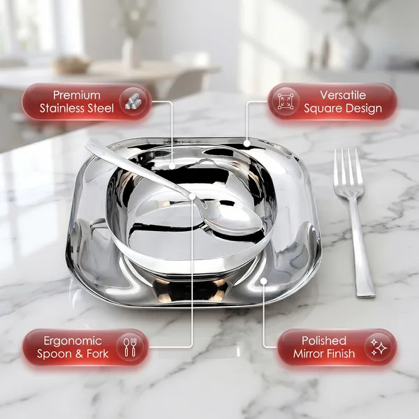 Grey_9.5_Inch_Square_Stainless_Steel_Lunch/Dinner_Set__4_Piece_Set_Bowl_Spoon_Fork_And_Plate