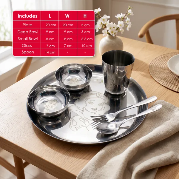 Grey_Stainless_Steel_Dinner_Set__6_Piece_Dinner_Set_Bowl_Sweet_Dish_(Halwa_Plate)_Glass_Spoon_Fork_Plate_(Kids_Set_Laser_Printed_For_Girls)