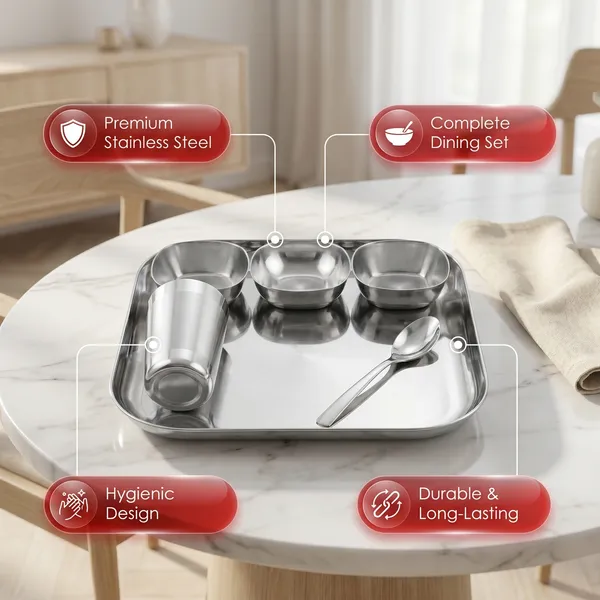 Square_Dinner_Set__Square_Shape__18_Guage_Grey_Stainless_Steel_With_Mirror_Polish__3_Bowls_Halwa_Plate_Glass_Spoon_Plate_(13_Inch_Square)