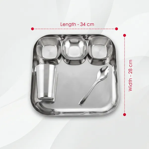 Square_Dinner_Set__Square_Shape__18_Guage_Grey_Stainless_Steel_With_Mirror_Polish__3_Bowls_Halwa_Plate_Glass_Spoon_Plate_(13_Inch_Square)