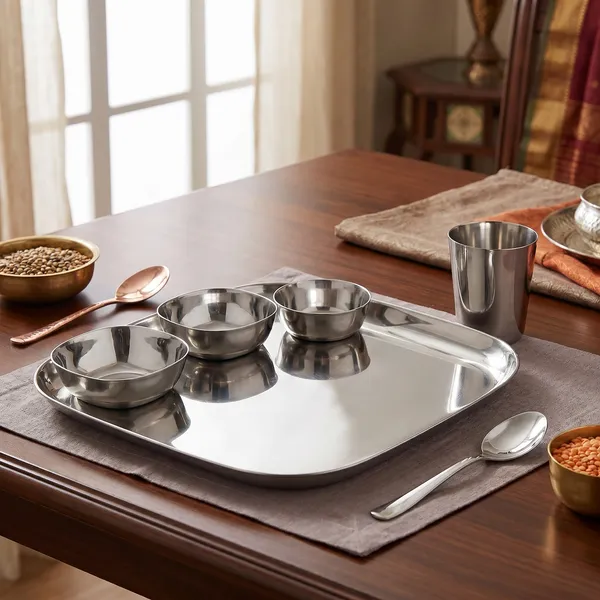 Square_Dinner_Set__Square_Shape__18_Guage_Grey_Stainless_Steel_With_Mirror_Polish__3_Bowls_Halwa_Plate_Glass_Spoon_Plate_(13_Inch_Square)