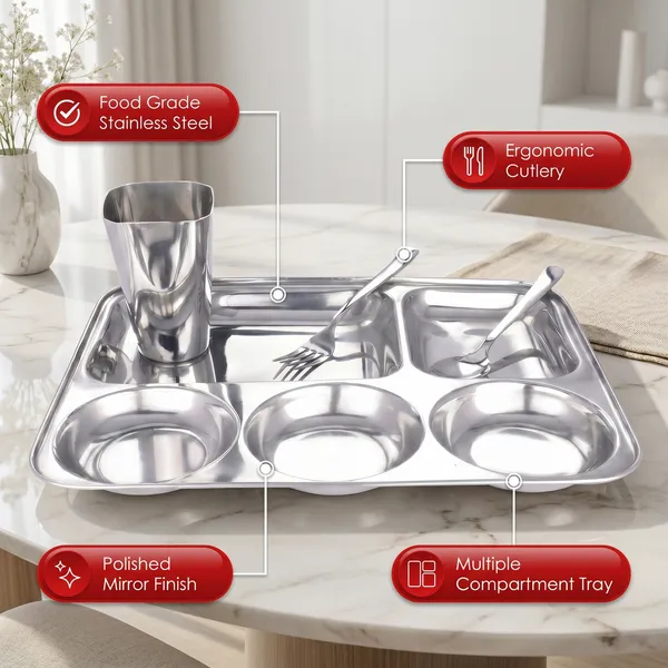 Grey_Stainless_Steel_Partitioned_Plates/Dinner_Set/Bhojan_Patra/Pav_Bhaji_Plate/South_Indian_Plate_Set_For_Kids_And_Adults_Glass_Spoon_Fork_Plate_(Partitioned_Plate_Dinner_Set)
