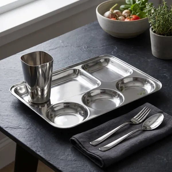 Grey_Stainless_Steel_Partitioned_Plates/Dinner_Set/Bhojan_Patra/Pav_Bhaji_Plate/South_Indian_Plate_Set_For_Kids_And_Adults_Glass_Spoon_Fork_Plate_(Partitioned_Plate_Dinner_Set)