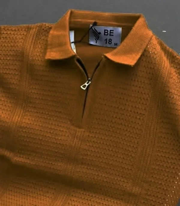 BROWN_MEN'S_TEXTURED_COLLAR_COTTON_CHAIN_T-SHIRT