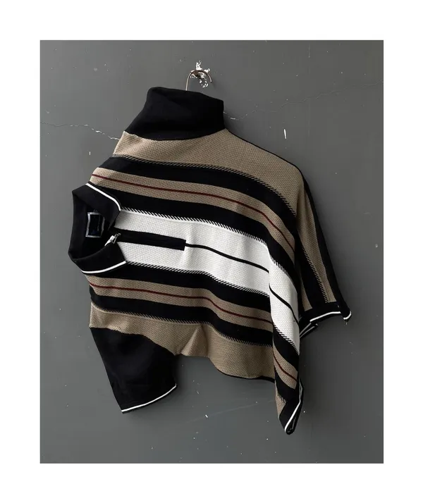 Black-Brown_Strip_Men's_Collar_Chain_Knitted_Cotton_Half_Sleeve_Fancy_T-Shirt_