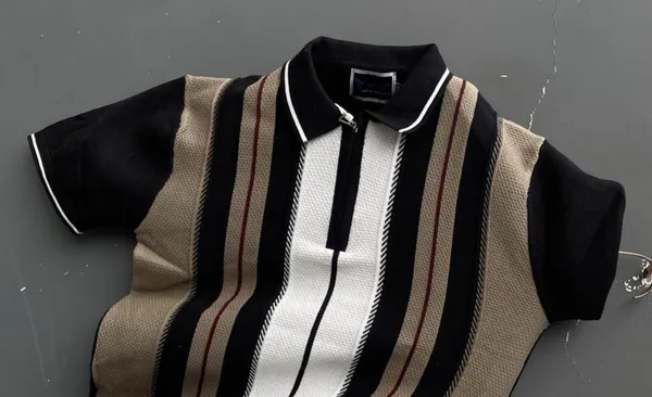 Black-Brown_Strip_Men's_Collar_Chain_Knitted_Cotton_Half_Sleeve_Fancy_T-Shirt_