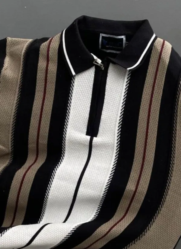 Black-Brown_Strip_Men's_Collar_Chain_Knitted_Cotton_Half_Sleeve_Fancy_T-Shirt_