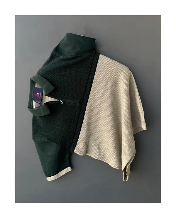 Green-Cream_Men's_Collar_Chain_Knitted_Cotton_Half_Sleeve_Colorblock__Fancy_T-Shirt