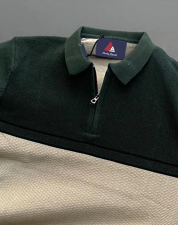 Green-Cream_Men's_Collar_Chain_Knitted_Cotton_Half_Sleeve_Colorblock__Fancy_T-Shirt