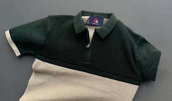 Green-Cream_Men's_Collar_Chain_Knitted_Cotton_Half_Sleeve_Colorblock__Fancy_T-Shirt