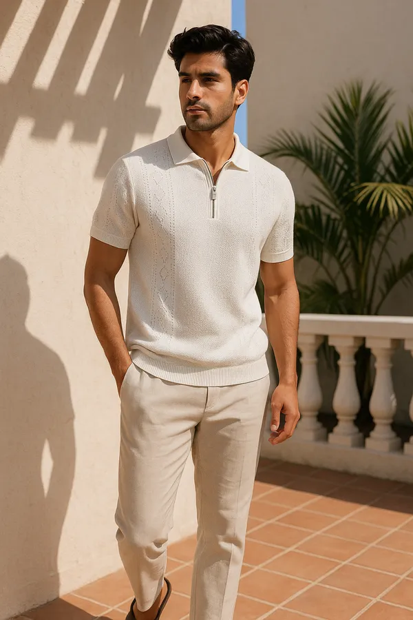 WHITE_MEN'S_TEXTURED_COLLAR_COTTON_HALF_SLEEVE_T-SHIRT