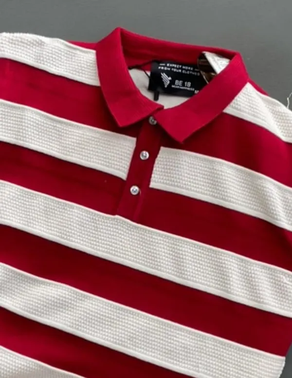 White-Red_Men's_Collar_Button_Knitted_Cotton__Colorblock_T-Shirt_