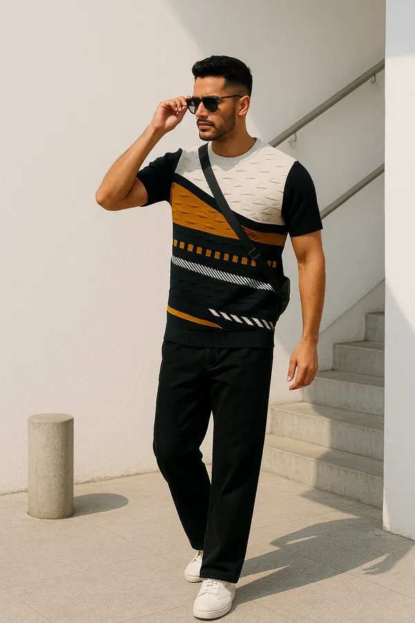 White_&_Black_&_Mustard_Cotton_Half_Sleeve_T-Shirt_For_Men