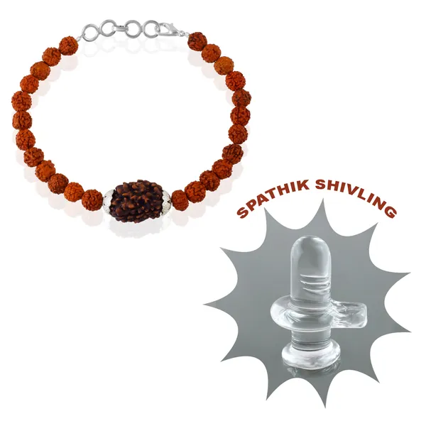 3_Mukhi_With_5_Mukhi_Silver_Plated_Rudraksha_Bracelet_With_Sphatik_Crystal_Shivling_|_For_Men_&_Women_Natural_&_Certified