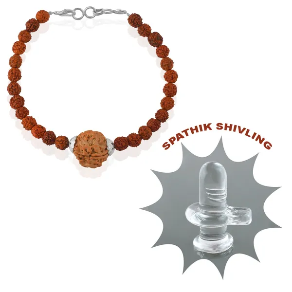 4_Mukhi_With_5_Mukhi_Silver_Plated_Rudraksha_Bracelet_With_Sphatik_Crystal_Shivling_|_For_Men_&_Women_Natural_&_Certified
