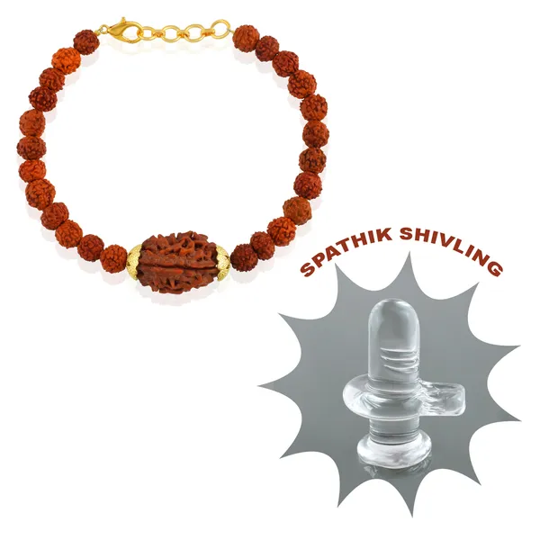 3_Mukhi_With_5_Mukhi_Gold_Plated_Rudraksha_Bracelet_With_Sphatik_Crystal_Shivling_|_For_Men_&_Women_Natural_&_Certified