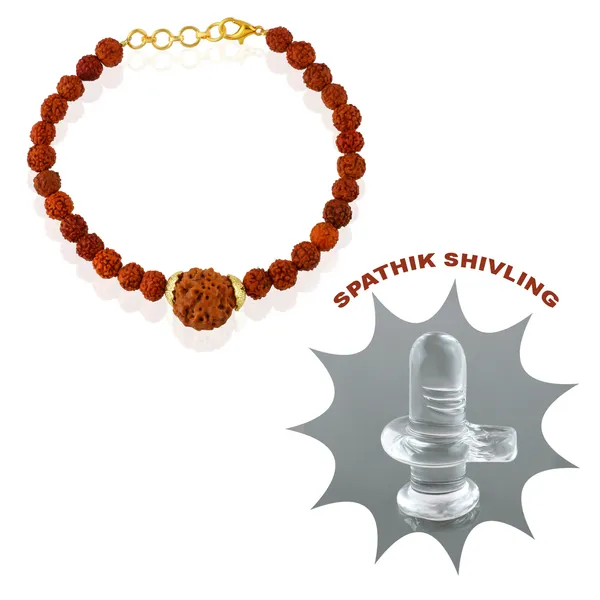 4_Mukhi_With_5_Mukhi_Gold_Plated_Rudraksha_Bracelet_With_Sphatik_Crystal_Shivling_|_For_Men_&_Women_Natural_&_Certified