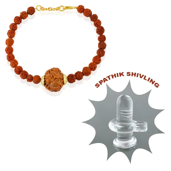 5_Mukhi_With_5_Mukhi_Gold_Plated_Rudraksha_Bracelet_With_Sphatik_Crystal_Shivling_|_For_Men_&_Women_Natural_&_Certified