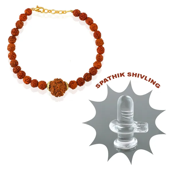 6_Mukhi_With_5_Mukhi_Gold_Plated_Rudraksha_Bracelet_With_Sphatik_Crystal_Shivling_|_For_Men_&_Women_Natural_&_Certified
