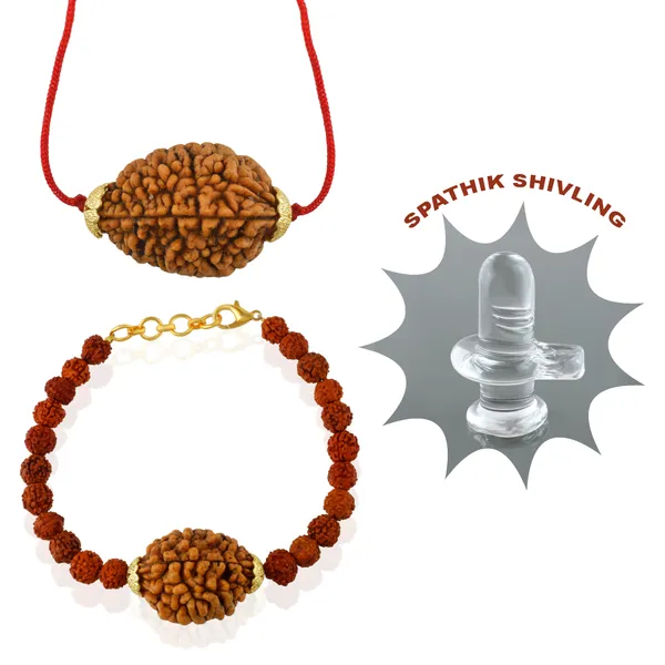 Combo_Of_2_Mukhi_Nepali_Rudraksha_Gold_Plated_Pendant_And_Bracelet_With_Sphatik_Crystal_Shivling_|_Astrological_Rudraksha_Natural_&_Certified