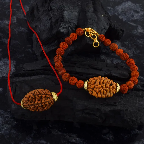 Combo_Of_2_Mukhi_Nepali_Rudraksha_Gold_Plated_Pendant_And_Bracelet_With_Sphatik_Crystal_Shivling_|_Astrological_Rudraksha_Natural_&_Certified