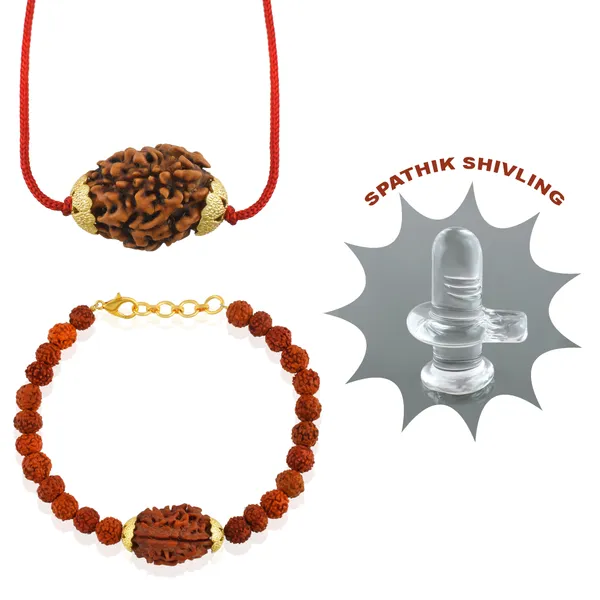 Combo_Of_3_Mukhi_Nepali_Rudraksha_Gold_Plated_Pendant_And_Bracelet_With_Sphatik_Crystal_Shivling_|_Astrological_Rudraksha_Natural_&_Certified