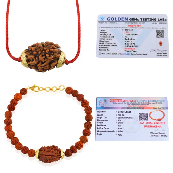 Combo_Of_3_Mukhi_Nepali_Rudraksha_Gold_Plated_Pendant_And_Bracelet_With_Sphatik_Crystal_Shivling_|_Astrological_Rudraksha_Natural_&_Certified