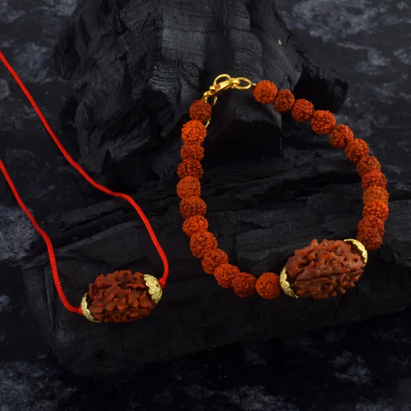 Combo_Of_3_Mukhi_Nepali_Rudraksha_Gold_Plated_Pendant_And_Bracelet_With_Sphatik_Crystal_Shivling_|_Astrological_Rudraksha_Natural_&_Certified