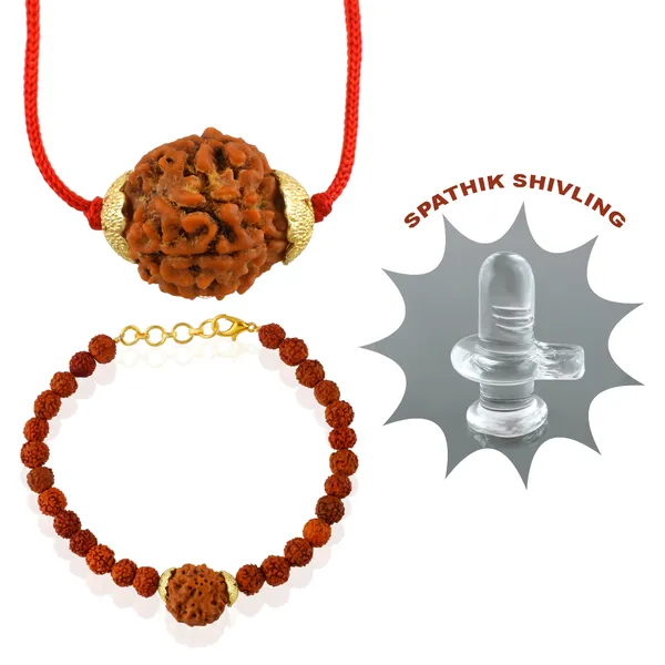 Combo_Of_4_Mukhi_Nepali_Rudraksha_Gold_Plated_Pendant_And_Bracelet_With_Sphatik_Crystal_Shivling_|_Astrological_Rudraksha_Natural_&_Certified