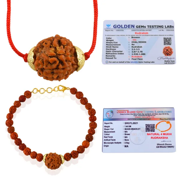 Combo_Of_4_Mukhi_Nepali_Rudraksha_Gold_Plated_Pendant_And_Bracelet_With_Sphatik_Crystal_Shivling_|_Astrological_Rudraksha_Natural_&_Certified