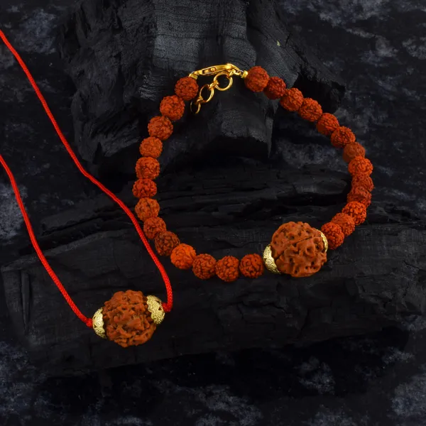 Combo_Of_4_Mukhi_Nepali_Rudraksha_Gold_Plated_Pendant_And_Bracelet_With_Sphatik_Crystal_Shivling_|_Astrological_Rudraksha_Natural_&_Certified