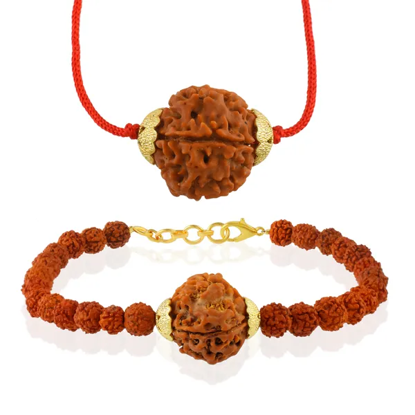 Combo_Of_5_Mukhi_Nepali_Rudraksha_Gold_Plated_Pendant_And_Bracelet_With_Sphatik_Crystal_Shivling_|_Astrological_Rudraksha_Natural_&_Certified