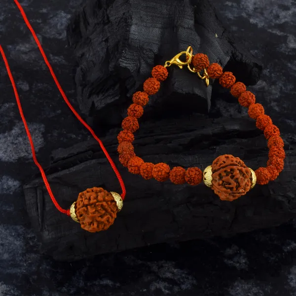 Combo_Of_5_Mukhi_Nepali_Rudraksha_Gold_Plated_Pendant_And_Bracelet_With_Sphatik_Crystal_Shivling_|_Astrological_Rudraksha_Natural_&_Certified