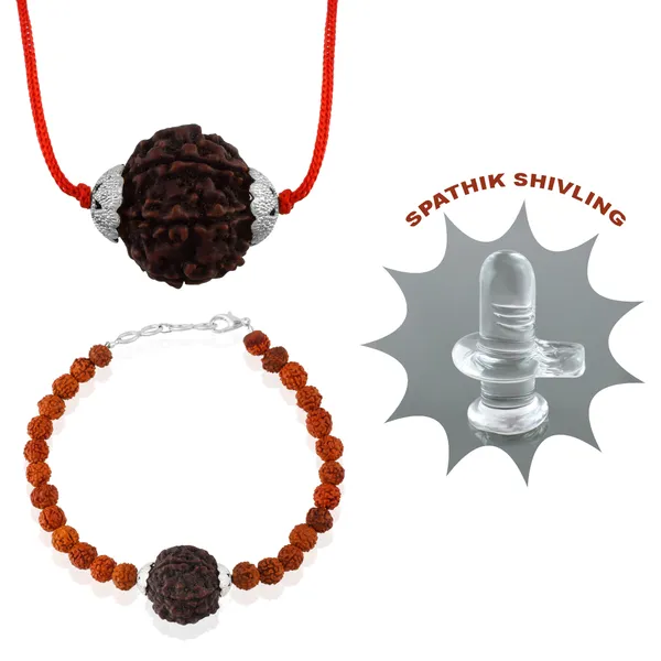 Combo_Of_6_Mukhi_Nepali_Rudraksha_Gold_Plated_Pendant_And_Bracelet_With_Sphatik_Crystal_Shivling_|_Astrological_Rudraksha_Natural_&_Certified