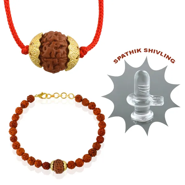 Combo_Of_8_Mukhi_Nepali_Rudraksha_Gold_Plated_Pendant_And_Bracelet_With_Sphatik_Crystal_Shivling_|_Astrological_Rudraksha_Natural_&_Certified