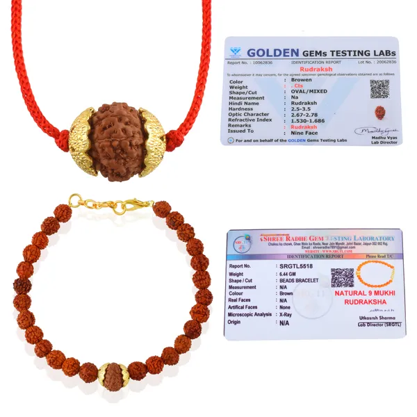 Combo_Of_9_Mukhi_Nepali_Rudraksha_Gold_Plated_Pendant_And_Bracelet_With_Sphatik_Crystal_Shivling_|_Astrological_Rudraksha_Natural_&_Certified