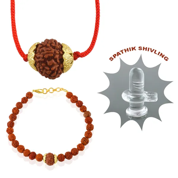 Combo_Of_10_Mukhi_Nepali_Rudraksha_Gold_Plated_Pendant_And_Bracelet_With_Sphatik_Crystal_Shivling_|_Astrological_Rudraksha_Natural_&_Certified