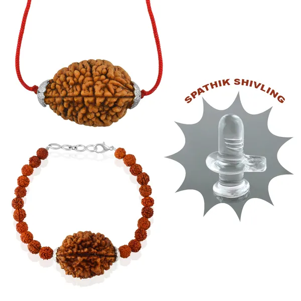 Combo_Of_2_Mukhi_Nepali_Rudraksha_Silver_Plated_Pendant_And_Bracelet_With_Sphatik_Crystal_Shivling_|_Astrological_Rudraksha_Natural_&_Certified