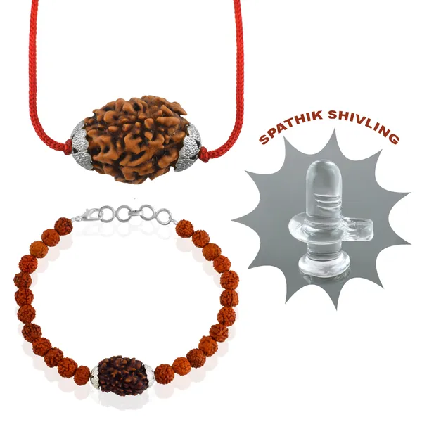 Combo_Of_3_Mukhi_Nepali_Rudraksha_Silver_Plated_Pendant_And_Bracelet_With_Sphatik_Crystal_Shivling_|_Astrological_Rudraksha_Natural_&_Certified