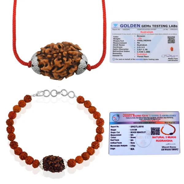 Combo_Of_3_Mukhi_Nepali_Rudraksha_Silver_Plated_Pendant_And_Bracelet_With_Sphatik_Crystal_Shivling_|_Astrological_Rudraksha_Natural_&_Certified
