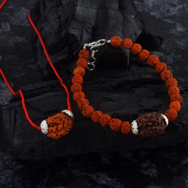 Combo_Of_3_Mukhi_Nepali_Rudraksha_Silver_Plated_Pendant_And_Bracelet_With_Sphatik_Crystal_Shivling_|_Astrological_Rudraksha_Natural_&_Certified