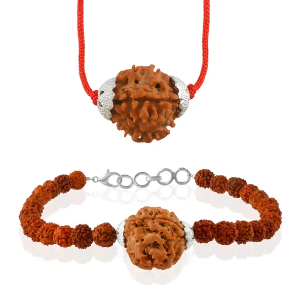 Combo_Of_4_Mukhi_Nepali_Rudraksha_Silver_Plated_Pendant_And_Bracelet_With_Sphatik_Crystal_Shivling_|_Astrological_Rudraksha_Natural_&_Certified