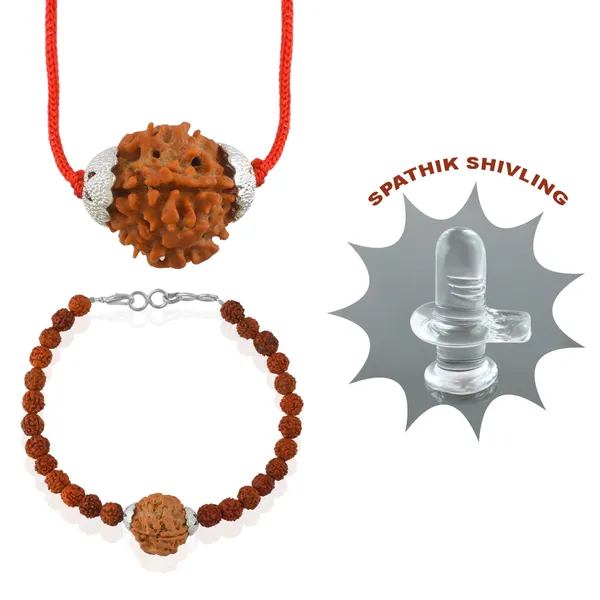 Combo_Of_4_Mukhi_Nepali_Rudraksha_Silver_Plated_Pendant_And_Bracelet_With_Sphatik_Crystal_Shivling_|_Astrological_Rudraksha_Natural_&_Certified